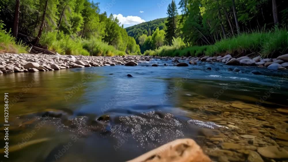 A tranquil flowing river with a wooden log in the foreground, clear shallow water and forest backdrop