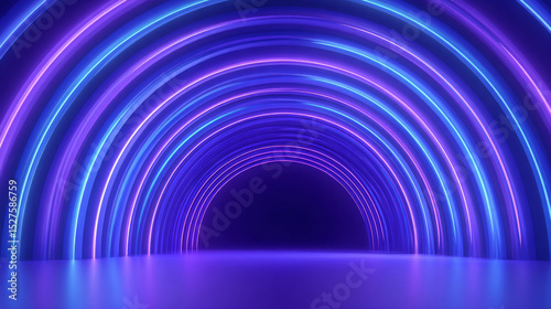 Neon-light tunnel with infinite reflections, vibrant purple and blue tone