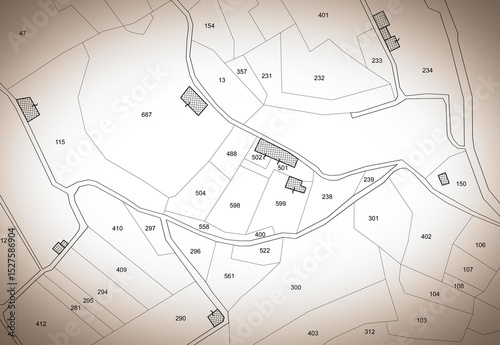 Imaginary cadastral map of a rural landscape with buildings, roads and land parcel