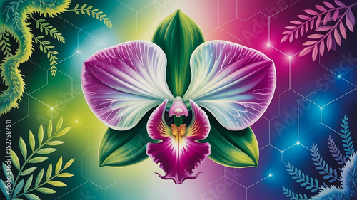 Surreal Floral Art with Neon Glow and Tropical Leaves