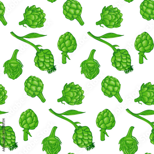 Green organic artichoke seamless pattern on white background. Green vegetable illustration.