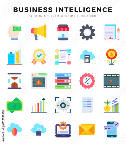 Set of 25 Business Intelligence Flat Icons Pack.