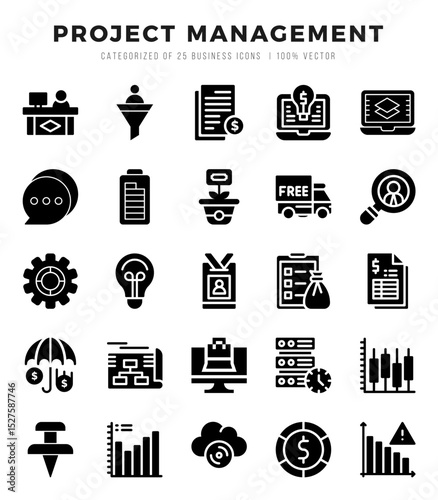 Set of 25 Project Management Glyph Icons Pack.