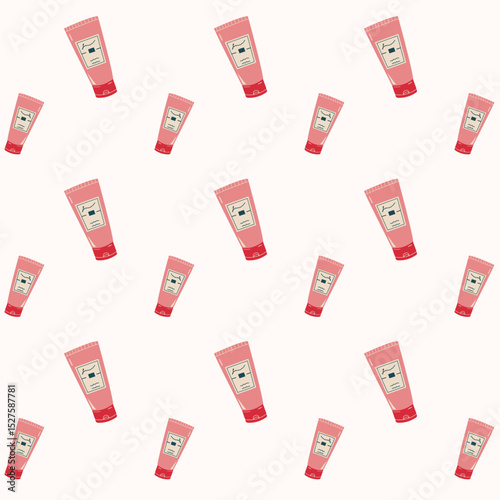 Face, hair, or hand cream tube seamless pattern on white background.  FLat style Cosmetic cream or lotion in pink plastic container, cosmetic product for skincare