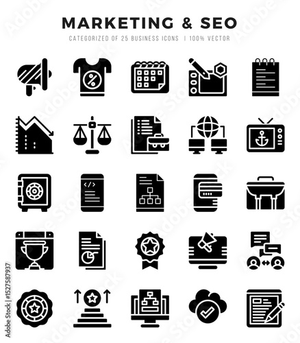 Marketing & SEO Icons Pack. Glyph icons set. Glyph icon collection set.