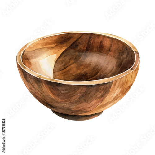 Dark Walnut Wood Mixing Bowl, watercolor clipart vector, high quality, isolated on a white background.