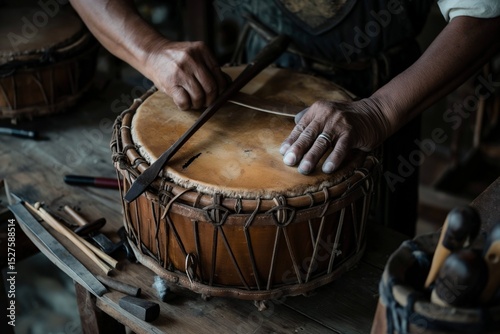Malay Artisan Crafting Kompang Drum in Rustic Workshop