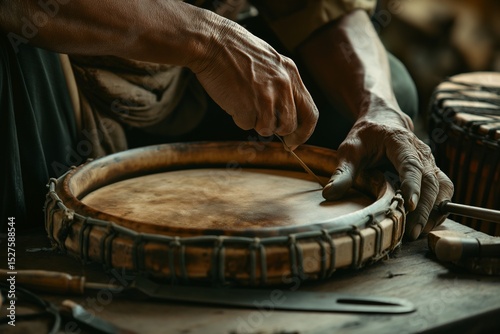 Malay Artisan Crafting Kompang Drum in Rustic Workshop photo