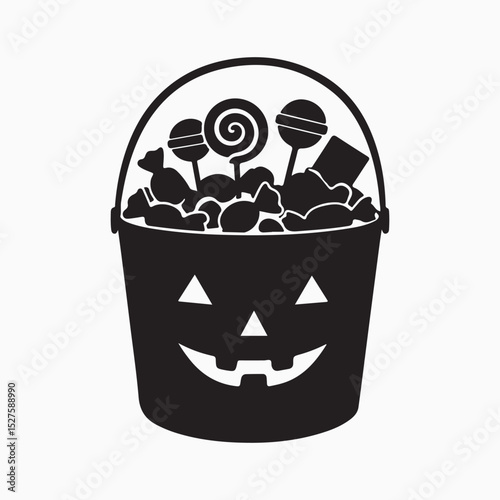 Spooky Candy Bucket: A classic Halloween silhouette of a jack-o'-lantern candy bucket filled with sweet treats, embodying the festive spirit and sugary delight of the holiday.