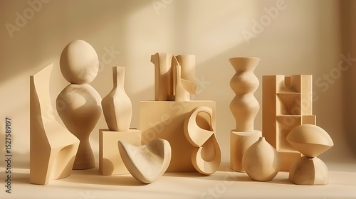 Abstract clay sculpture shapes against neutral soft lighting - . photo