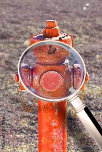 Old red rusty hydrant no longer in use - Concept image seen through a magnifying glass photo