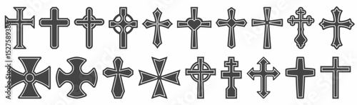 Christian cross. Set of vector religious symbols. Holy Catholic and Orthodox crosses in different design. Church symbol of religion and faith. Vector collection.