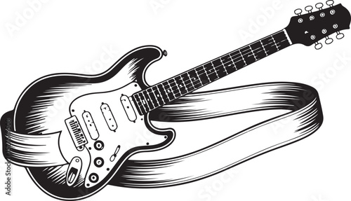 Guitar Silhouette with Strap for Music Rock Art Design, Perfect for Band Performance Decor and Electric Instrument Illustration Theme