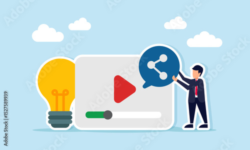 Businessman placing share icon on multimedia or social media interface near light bulb illustration of business promotion strategy idea using multimedia platform