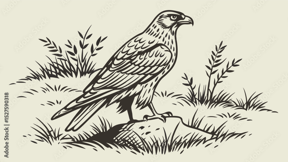 Fototapeta premium Illustration of a majestic eagle perched on a rock surrounded by grass and foliage design art