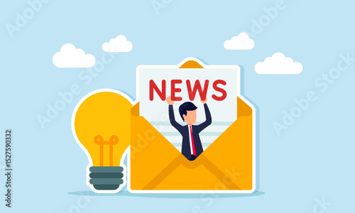 Businessman emerging from envelope near light bulb holding NEWS text illustration of inspirational news related to business idea