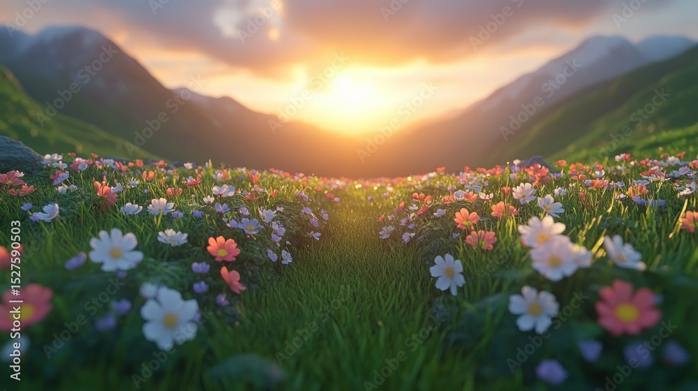 Fototapeta premium Lush mountain meadow at sunset