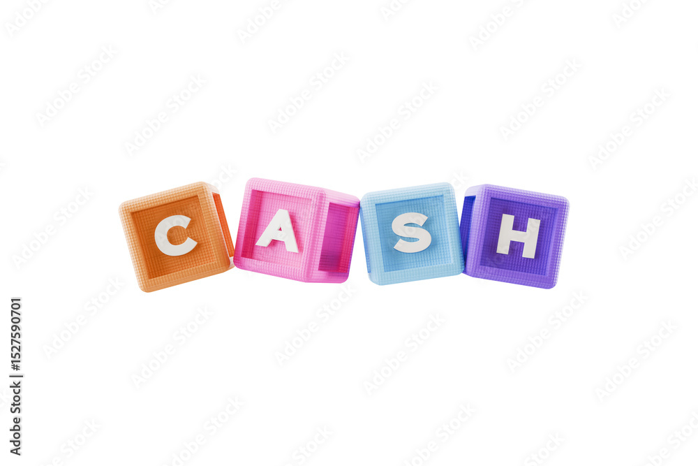 3d building block cubes spelling the word cash, transparent background 3d building block cubes spelling the word cash, transparent background