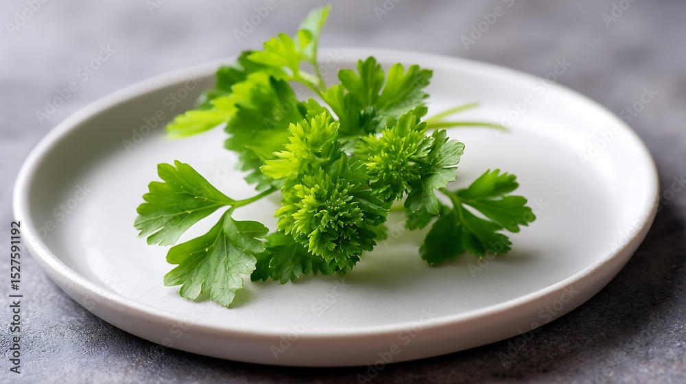 Fresh Parsley Sprig on a White Plate Fresh Parsley Sprig on a White Plate