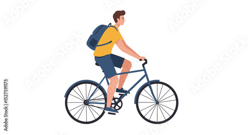 Minimalist flat design of a stylish man cycling past tall buildings on a sunny day