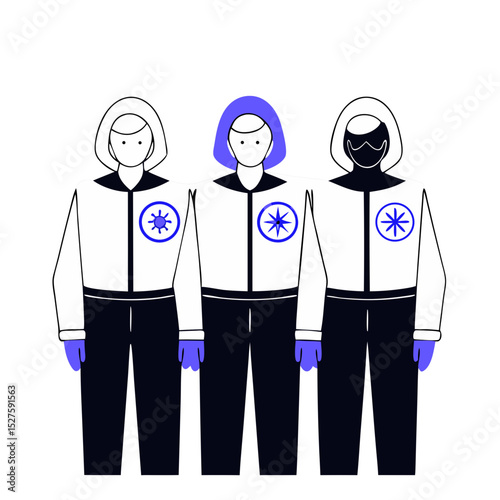 Set of characters of doctors in overalls. Thanks to the doctors. Stop the epidemic. Vector illustration on a white background