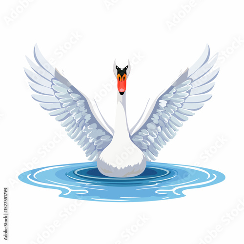 white swan on blue water, a swan flaps its wings on the water