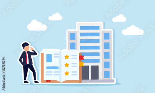 Businessman observing book with star symbol near office building illustration of studying guidelines for improving business company quality standards