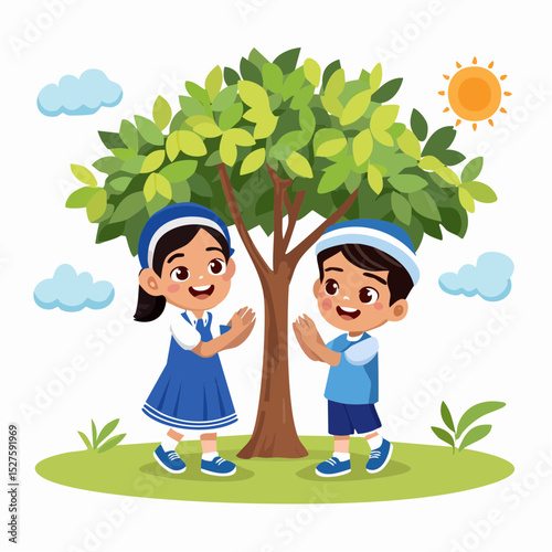 two children playing clapping hands under a shady tree