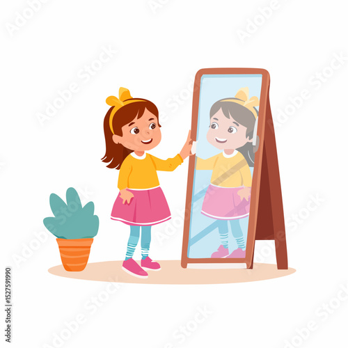 a child is dressing in front of a mirror in the room