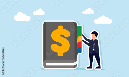 Businessman placing punctuation on notebook with dollar symbol illustration of archive and financial bookkeeping record for business