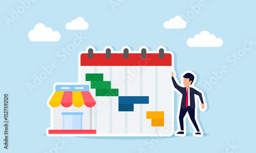 Businessman beside store and calendar schedule illustration of planning and organizing project schedule for business
