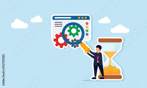 Businessman near hourglass holding magnifying glass to observe application interface with gear illustration of deadline for business system maintenance or improvement