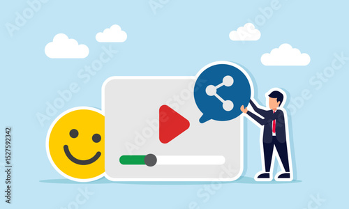 Businessman placing share icon on multimedia or social media interface near happy emoticon illustration of sharing business information or promotion gaining positive market attention