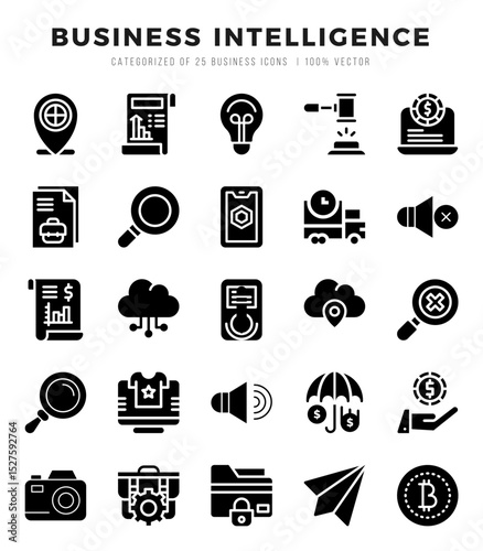 Business Intelligence icons set. Collection of simple Glyph web icons.