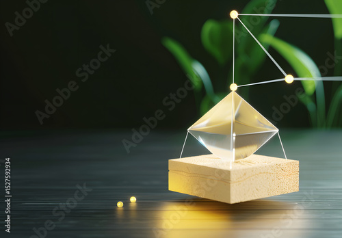 Unique Geometry structural and Composition. Elegant geometric shapes on a reflective surface with green accents.