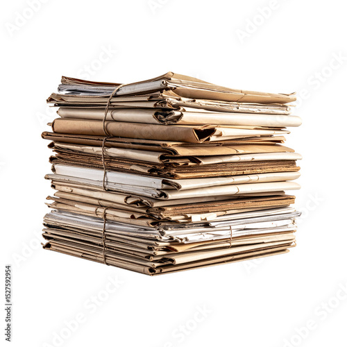 A messy stack of old newspapers, magazines, and books, forming a heap of aged paper documents and publications, overflowing with news and information
