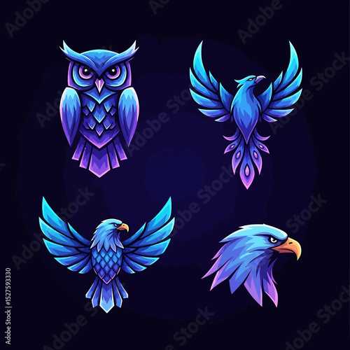Stylized, Vibrant Avian Illustrations: Owl, Eagle, Phoenix, and Eagle Head.