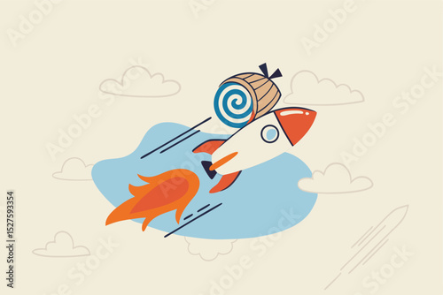Accelerate business, increase agility and efficiency, sprint or fast, innovation to increase work speed concept, slow snail flying fast with rocket booster metaphor of accelerate working process.