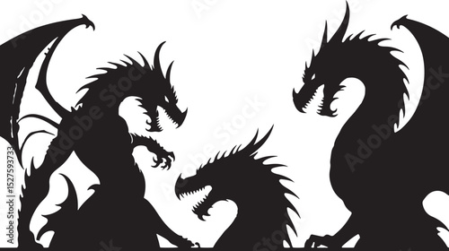 Black silhouette illustration featuring three fantasy dragons with sharp teeth and powerful wings against white background