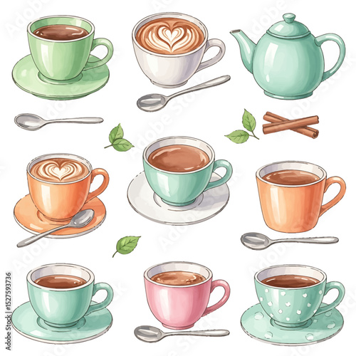 Watercolor Style Hot Beverage Collection: Teapot, Latte, and Coffee Cups