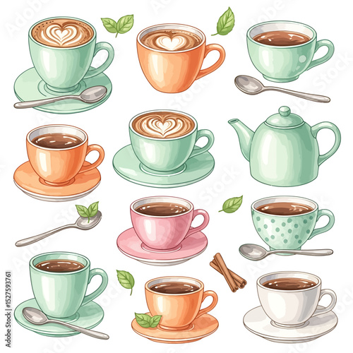 Watercolor Style Tea and Coffee Collection with Latte Art and Mint Leaves