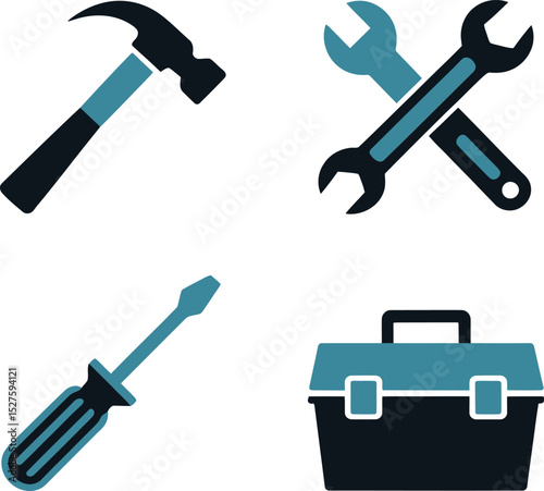 Hand tools icon set. Hammer, screwdriver, wrench and spanner for basic repair and construction utility work  