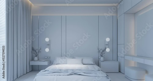 Luxury Bedroom Clay Animation, 3 Angles with Lighting Study, Neutral White, 4K render