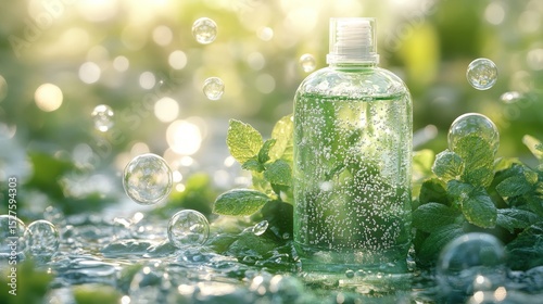Refreshing mint-scented product bottle surrounded by nature