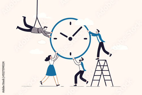 Time management or project management to control team to complete tasks or strategic planner to manage resources to complete work in deadline, businessman and woman help combine clock timer pieces.