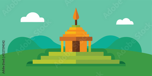 Cartoon Hindu Shrine Upon Smooth Green Landscape Animation Background Scene Vector Illustration