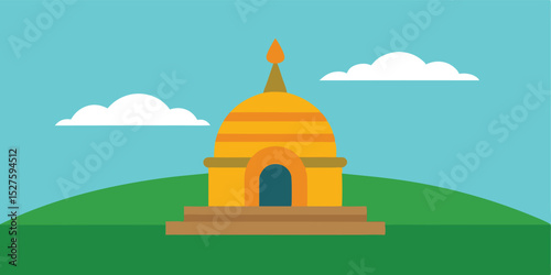 Cartoon Hindu Shrine Located on Smooth Green Hill Animation Background Scene Vector Illustration