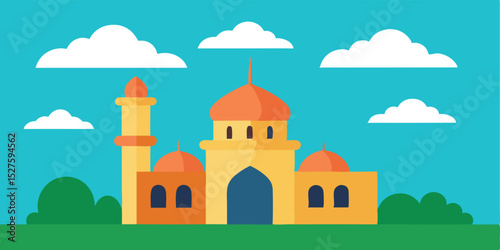 Cartoon Mosque Situated on Flat Grassy Plain Animation Background Scene Vector Illustration