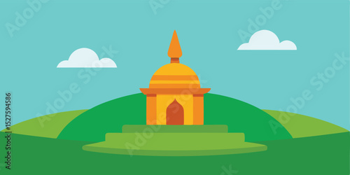 A cartoon Hindu shrine illustration placed on a smooth and wide green landscape background