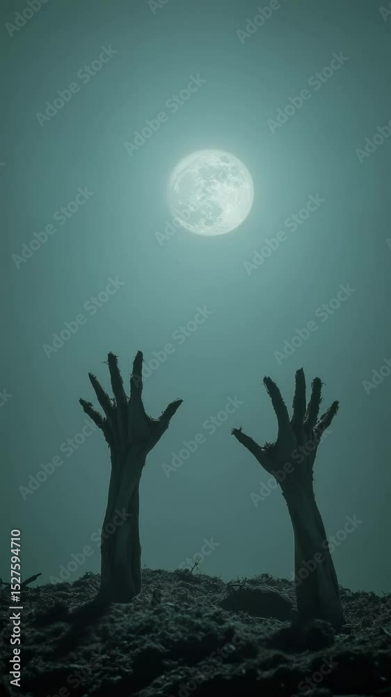 Decaying zombie hands slowly rising from dirt ground beneath moonlit sky, presenting haunting supernatural scene representing post apocalyptic nightmare of undead emergence